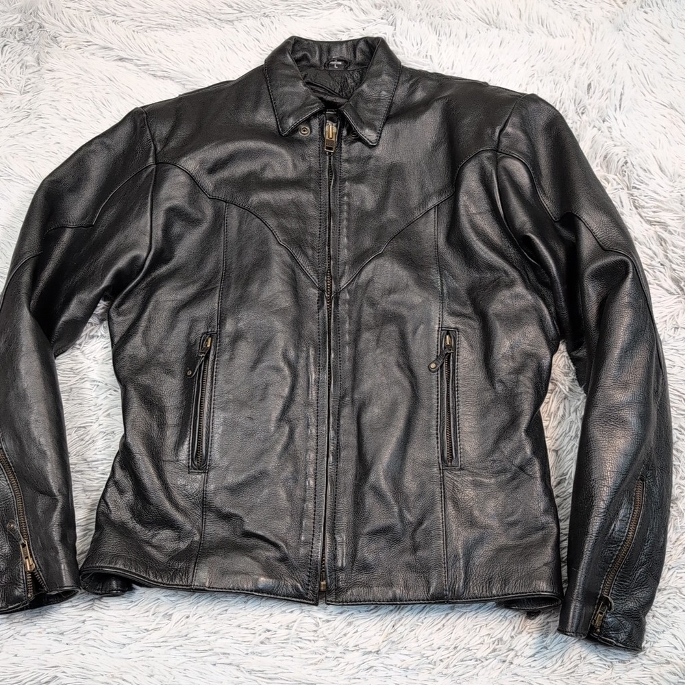 Unik‎ Jacket Womens L Black Leather Coat Pockets Softshell Moto Zip Up